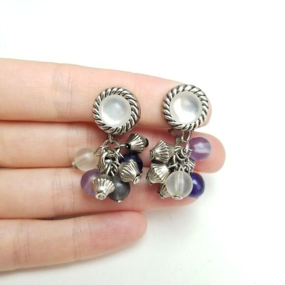 Vintage Silver Tone Clip On Earrings with Beaded Purple Blue Drop, Retro Design - Picture 1 of 6